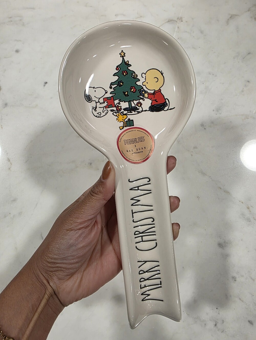 Peanuts Christmas Spoon Rest in Cream with Green Tree and Red Accents